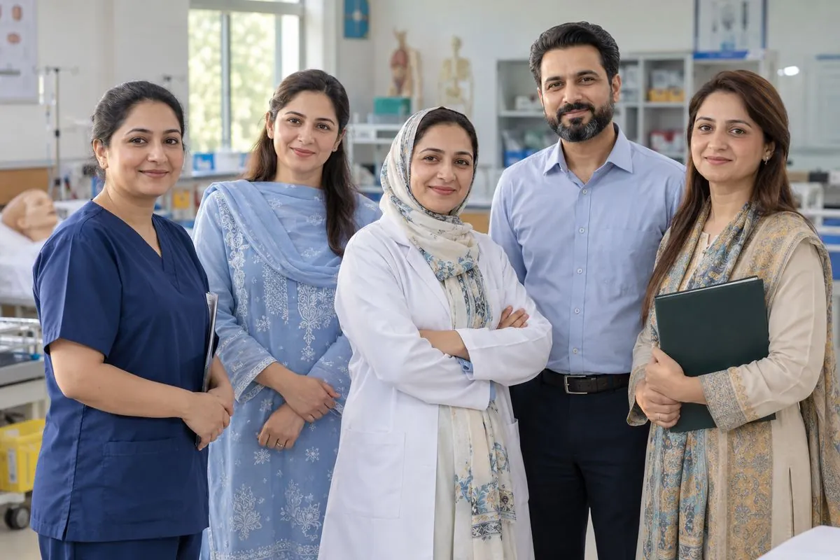 Illustrative image of a healthcare teaching team standing together in a nursing skills lab